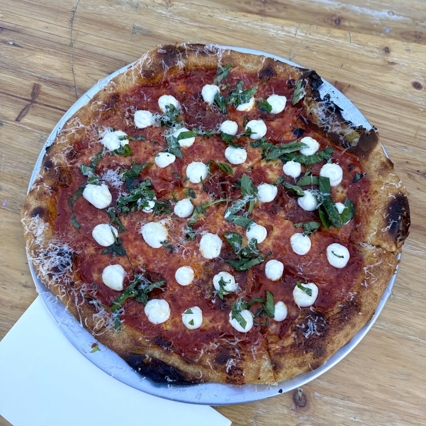 A pizza with tomato, mozzarella and torn basil on a metal tray